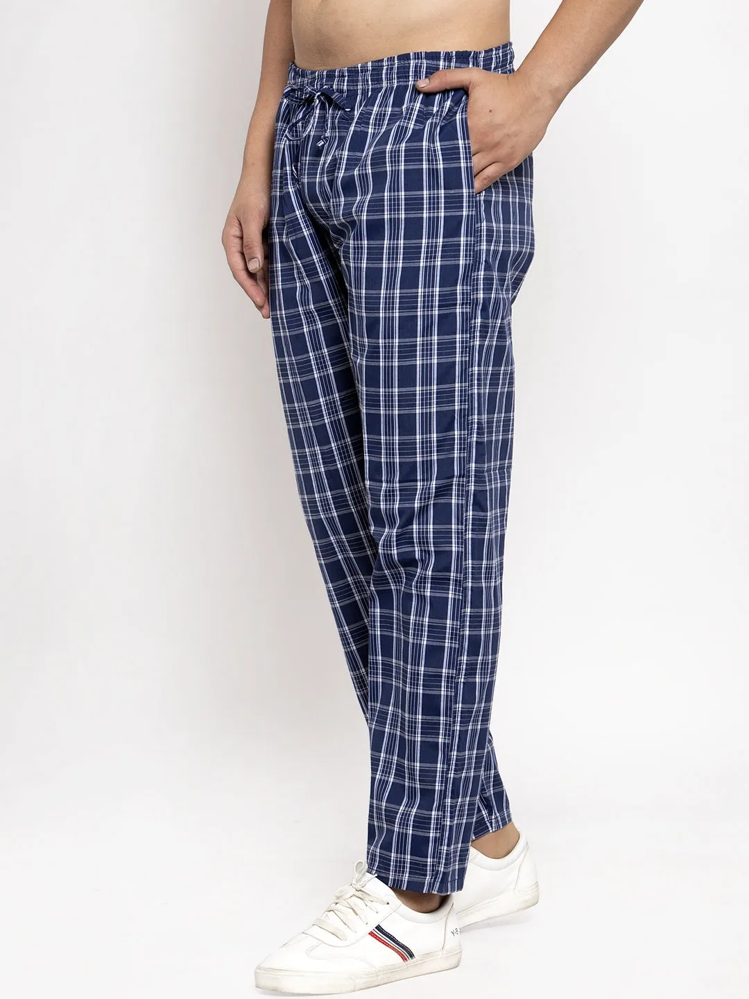 Men's Blue Checked Cotton Track Pants ( JOG 013Blue ) - Jainish