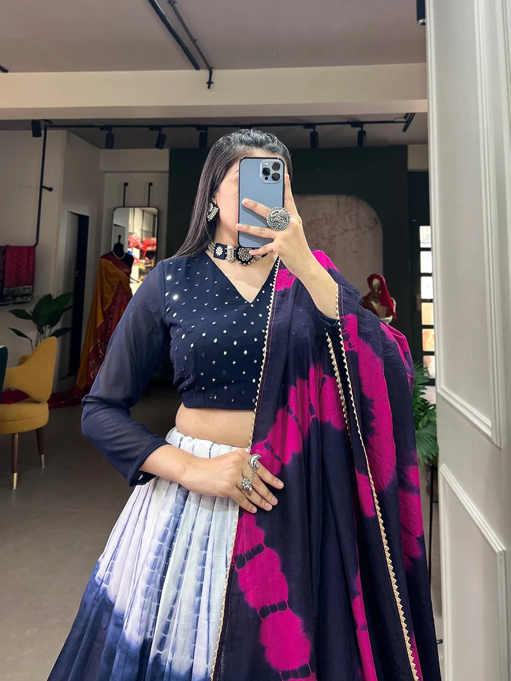 Navy Blue Handcrafted Shibori Print Lehenga Choli with Zari Border