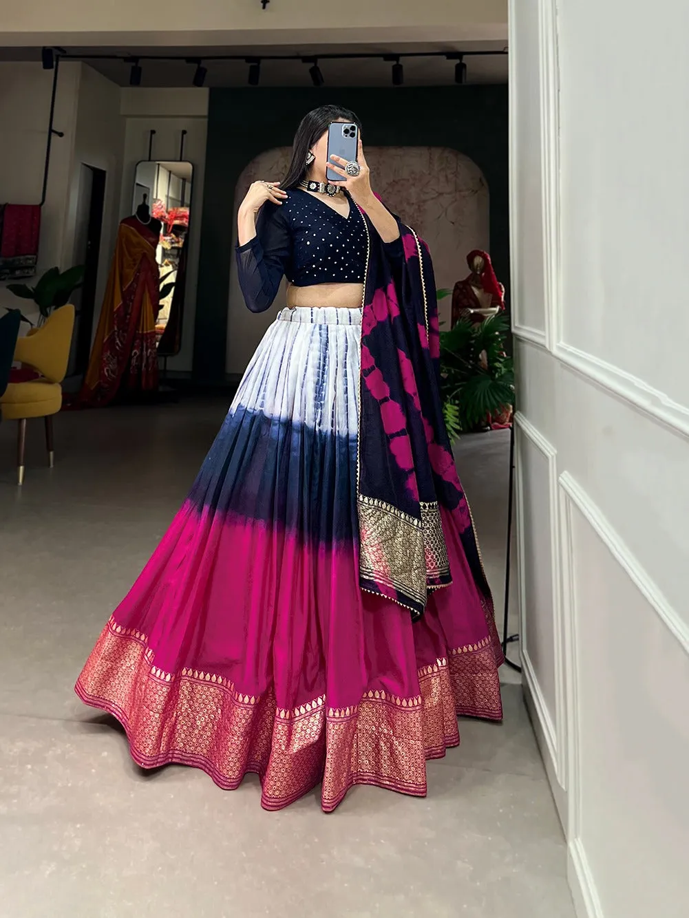 Navy Blue Handcrafted Shibori Print Lehenga Choli with Zari Border