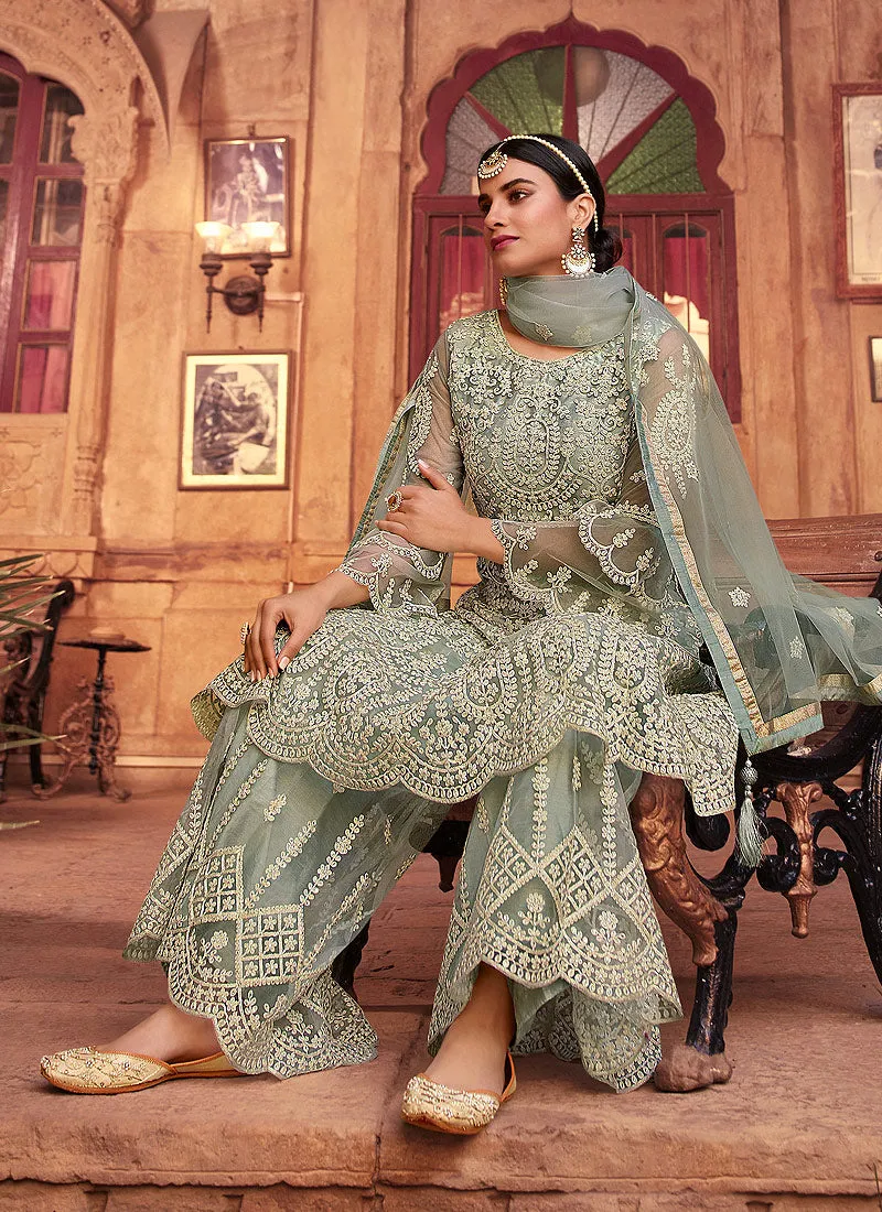 Teal Blue Embroidered Designer Gharara Suit