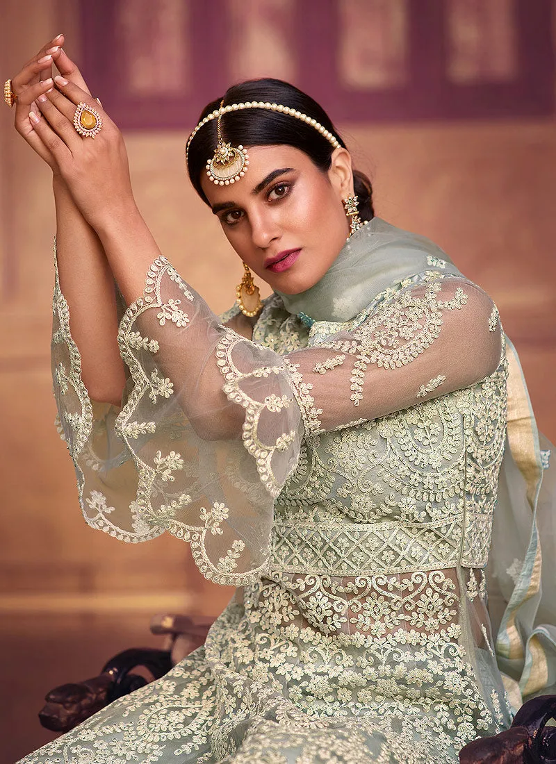 Teal Blue Embroidered Designer Gharara Suit